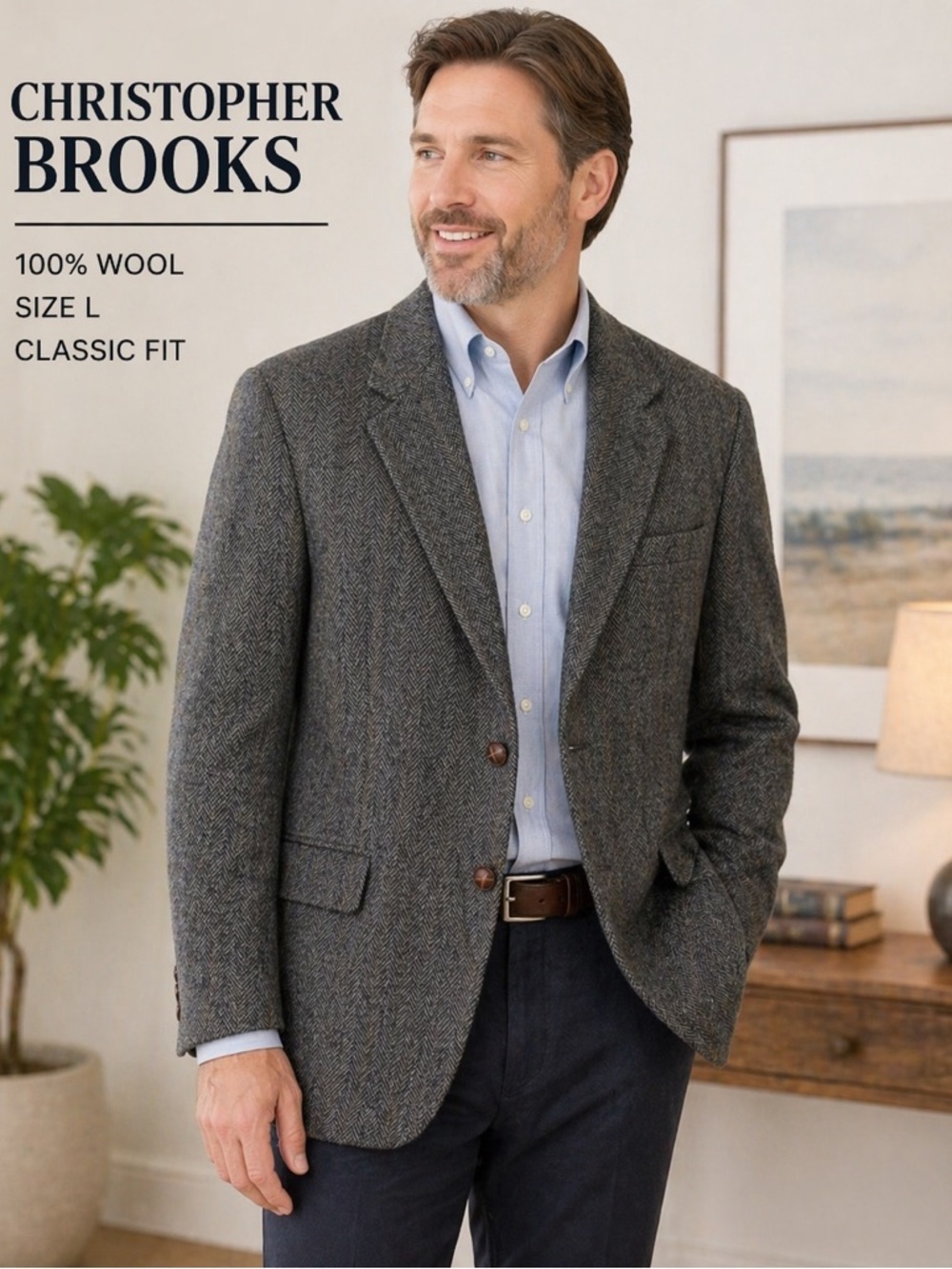 Christopher Brooks 100% Wool Herringbone Blazer Classic Tailored Jacket gray/ L